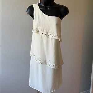 EXPRESS One-Shoulder Dress White Gold Rhinestone Studs Women’s Size 6